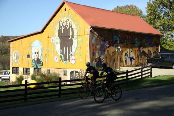 Riders cruising past the Rock N' Roll Barn near Clark, OH.