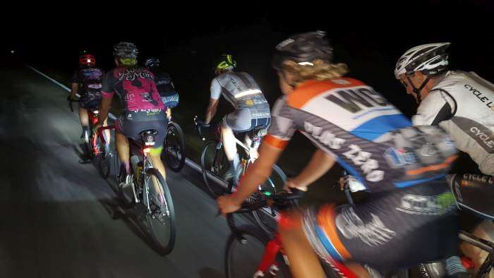 Eight of us rolling towards the dirt and gravel roads.