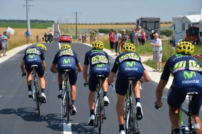 Team Movistar chase in Echelon formation.