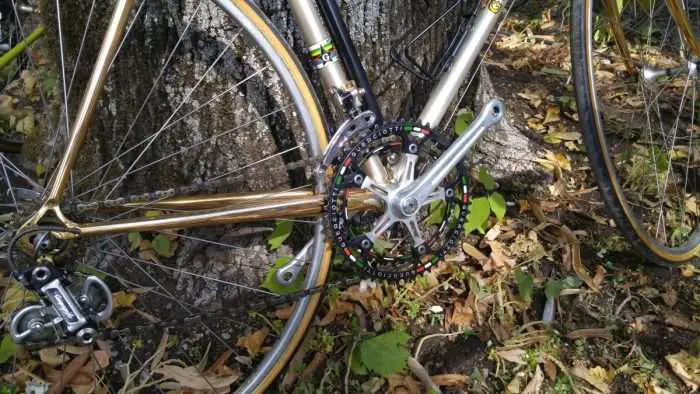 Drilled and pantographed Campagnolo crankset.